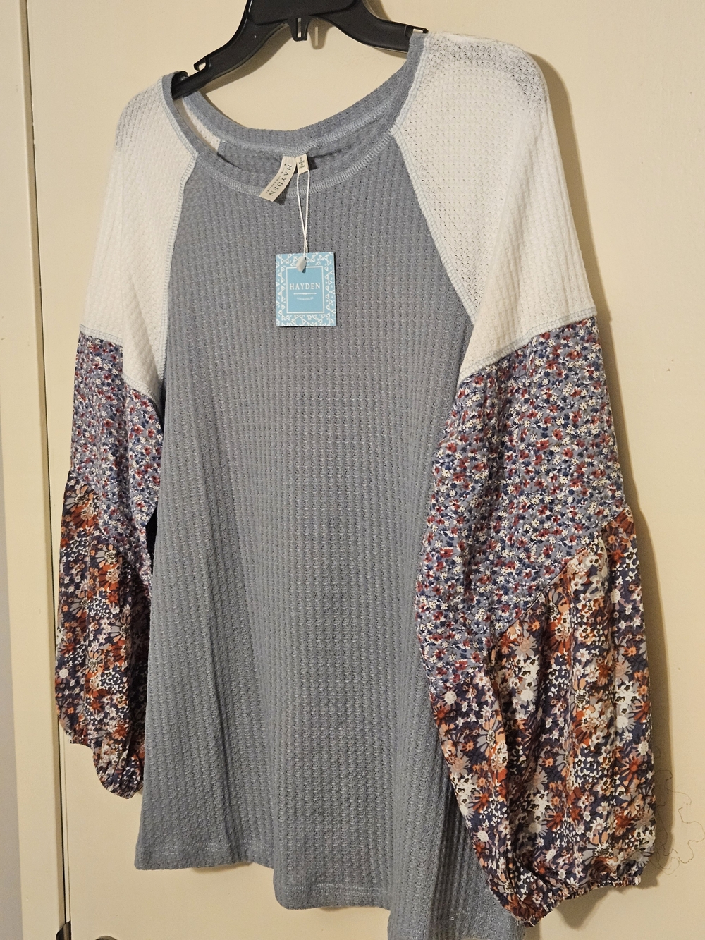 Hayden Sage Green Waffle Knit Top with Floral Balloon Sleeves